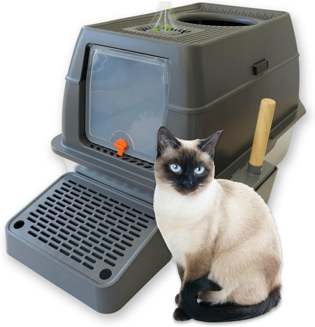 IGAD XXL Stainless Steel Cat Litter Box – High Sides, Non-Stick, Easy Clean, Odour Control, Removable Lid & Scoop (Grey Double Entry)