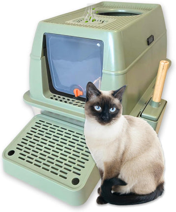 IGAD XXL Stainless Steel Cat Litter Box – High Sides, Non-Stick, Easy Clean, Odour Control, Removable Lid & Scoop (Green Double Entry)