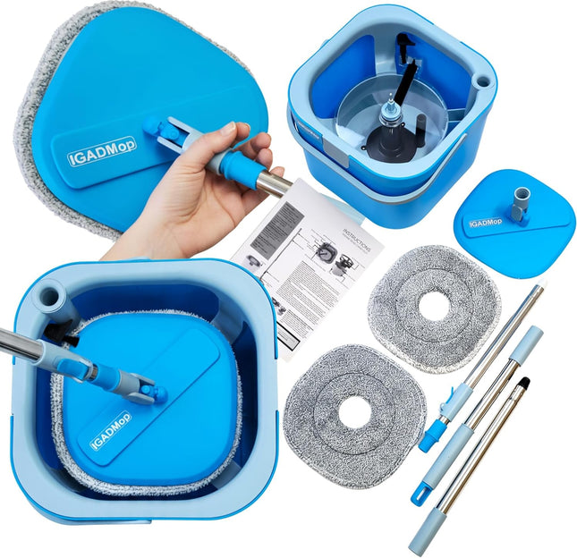 IGADMop Professional Set with Bucket, 2 Chamber System for Separating Dirty and Clean Water, 130 cm Telescopic Handle, 2 Microfibre Mop Pads, Floor Mop for All Surfaces with Efficient Wringing Function