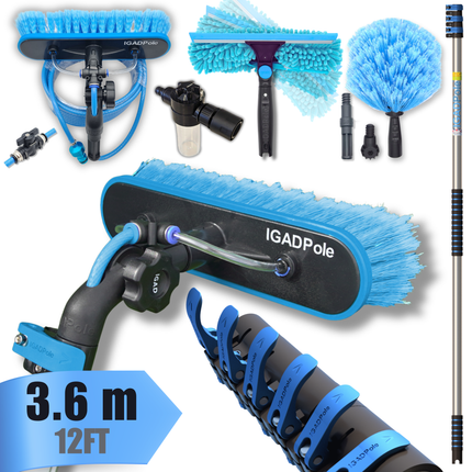 IGAD Pole 3.6m(12ft) Washing Kit: Water-fed Brush, Cobweb Duster and 10”(25cm) Squeegee and Soap Dispenser, with 3-Stage Telescoping Pole 5-12ft (3.6m) Pole