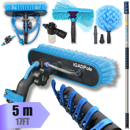 IGAD Pole 5m(17ft) Washing Kit: Water-fed Brush, Cobweb Duster and 10”(25cm) Squeegee and Soap Dispenser, with 4-Stage Telescoping Pole 5-17ft (5m) Pole