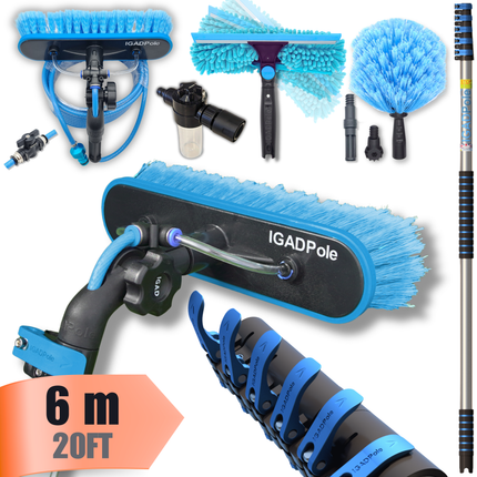 IGAD Pole 6m(20ft) Washing Kit: Water-fed Brush, Cobweb Duster and 10”(25cm) Squeegee and Soap Dispenser, with 5-Stage Telescoping Pole 5-20ft(6m) Pole