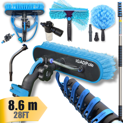 IGAD Pole 8.6m (28ft) Washing Kit: Water-fed Brush, Cobweb Duster and 10”(25cm) Squeegee and Soap Dispenser, with 6-stage Telescoping and & 1ft Curved Extension