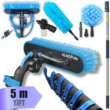 IGAD Pole 5m (17ft) Water-Fed Pole Cleaning Kit – Includes Water-fed Brush, Cobweb & Microfibre Duster, Soap Dispenser & Hose Tap