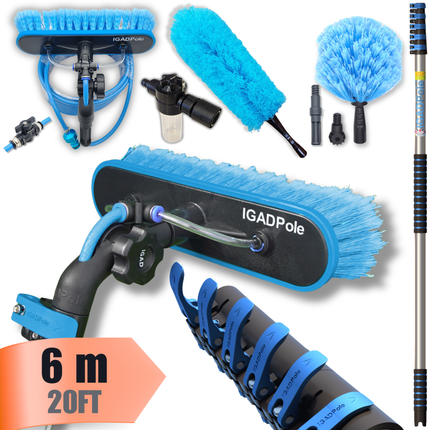 IGAD Pole 6m (20ft) Water-Fed Pole Cleaning Kit – Includes Water-fed Brush, Cobweb & Microfibre Duster, Soap Dispenser & Hose Tap