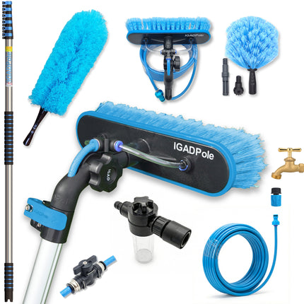 IGADPole 7m (24ft) Water-Fed Pole Cleaning Kit – Includes Water-fed Brush, Cobweb & Microfibre Duster, Soap Dispenser & Hose Tap