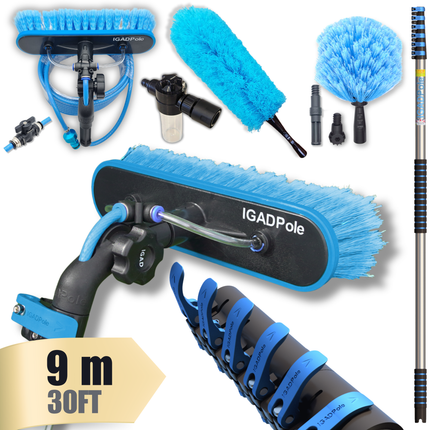 IGAD Pole 9m (30ft) Water-Fed Pole Cleaning Kit – Includes Water-fed Brush, Cobweb & Microfibre Duster, Soap Dispenser & Hose Tap