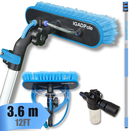 IGAD Pole 3.6m (12ft) Extension Pole Kit with Water-fed Brush and Hose, with 3-Stage Telescoping Pole 5-12ft Pole
