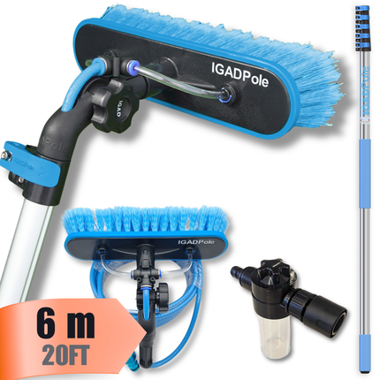 IGAD Pole 6m (20ft) Extension Pole Kit with Water-fed Brush and Hose, with 5-Stage Telescoping Pole 5-20ft Pole