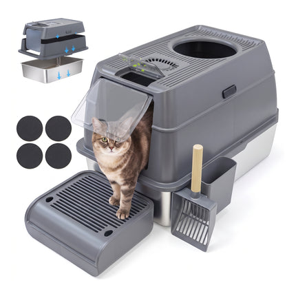 IGAD XXL Stainless Steel Cat Litter Box – High Sides, Non-Stick, Easy Clean, Odour Control, Removable Lid & Scoop (Grey Double Entry)