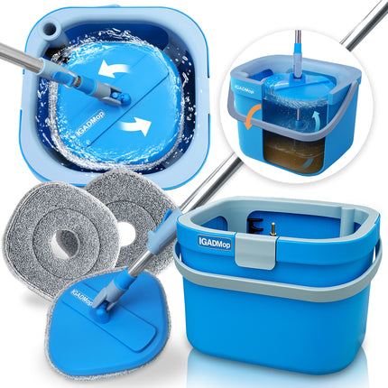 IGADMop Professional Set with Bucket, 2 Chamber System for Separating Dirty and Clean Water, 130 cm Telescopic Handle, 2 Microfibre Mop Pads