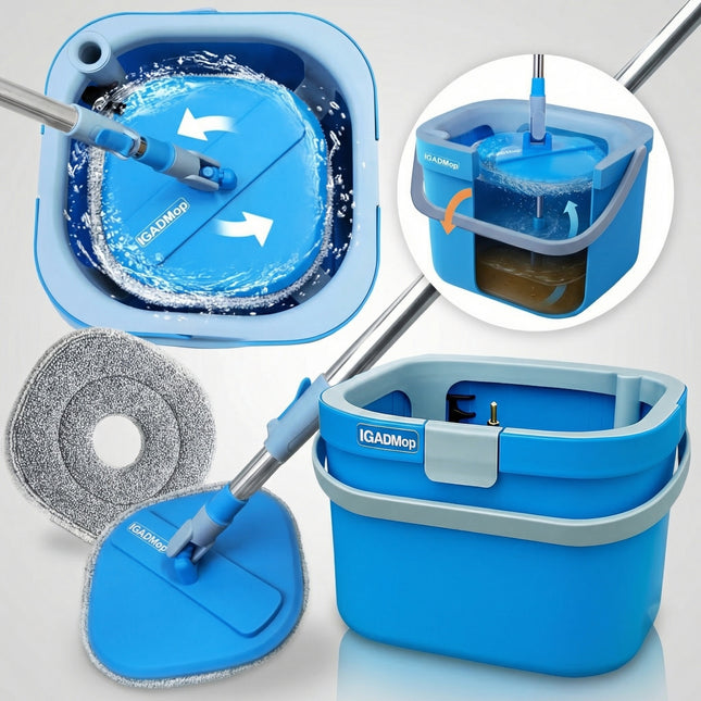IGADMop Professional Set with Bucket, 2 Chamber System for Separating Dirty and Clean Water, 130 cm Telescopic Handle, Microfibre Mop Pad, Floor Mop for All Surfaces with Efficient Wringing Function