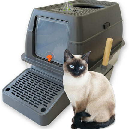 IGAD XXL Stainless Steel Cat Litter Box – High Sides, Non-Stick, Easy Clean, Odour Control, Removable Lid & Scoop (Grey Double Entry)