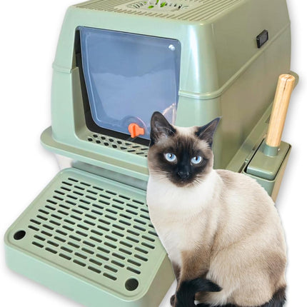 IGAD XXL Stainless Steel Cat Litter Box – High Sides, Non-Stick, Easy Clean, Odour Control, Removable Lid & Scoop (Green Double Entry)