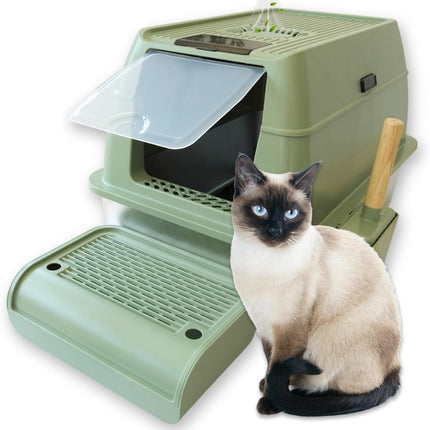 IGAD XXL Stainless Steel Cat Litter Box – High Sides, Non-Stick, Easy Clean, Odour Control, Removable Lid & Scoop (Green)