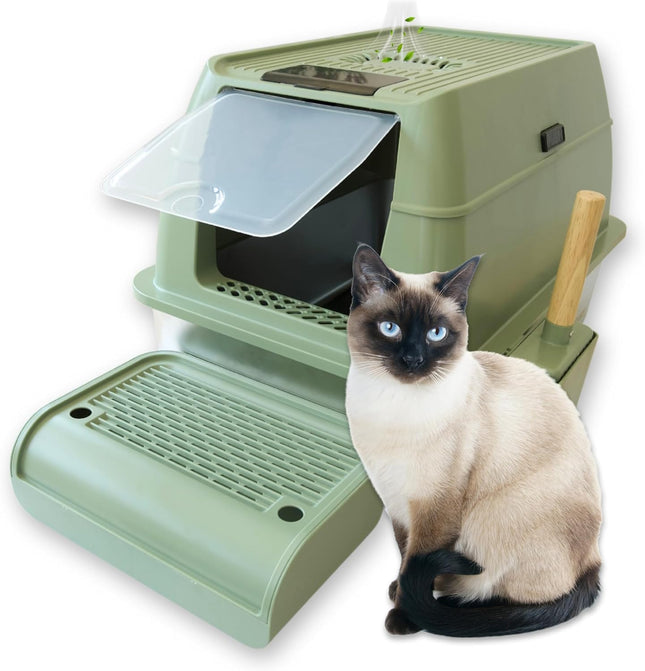 IGAD XXL Stainless Steel Cat Litter Box – High Sides, Non-Stick, Easy Clean, Odour Control, Removable Lid & Scoop (Green)