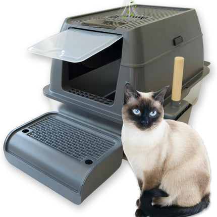 IGAD XXL Stainless Steel Cat Litter Box – High Sides, Non-Stick, Easy Clean, Odour Control, Removable Lid & Scoop (Grey)