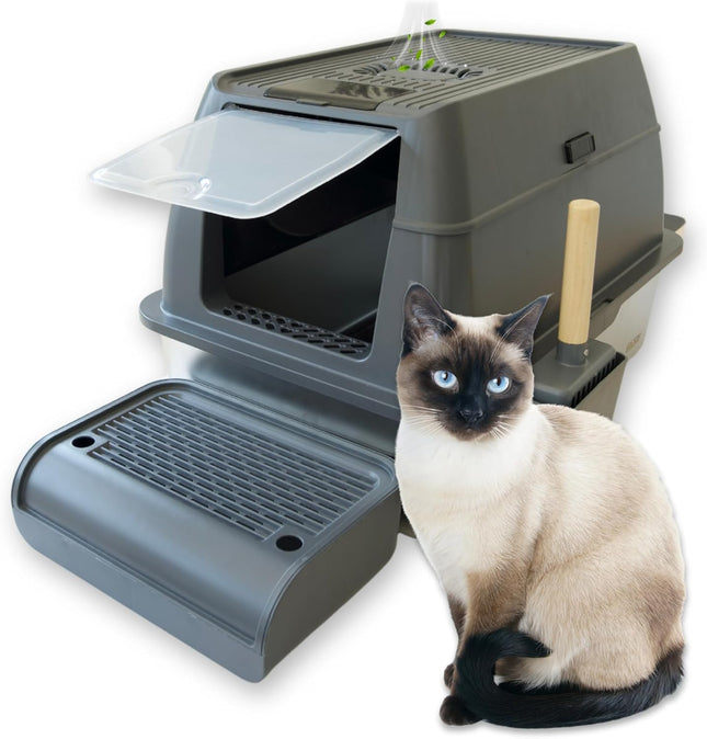 IGAD XXL Stainless Steel Cat Litter Box – High Sides, Non-Stick, Easy Clean, Odour Control, Removable Lid & Scoop (Grey)