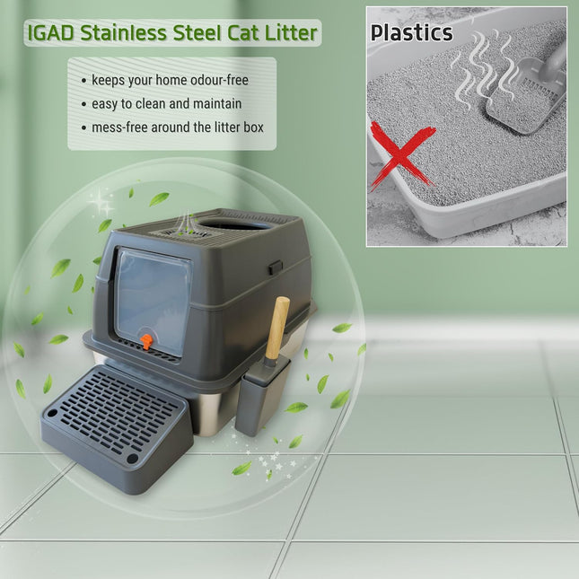 IGAD XXL Stainless Steel Cat Litter Box – High Sides, Non-Stick, Easy Clean, Odour Control, Removable Lid & Scoop (Grey Double Entry)
