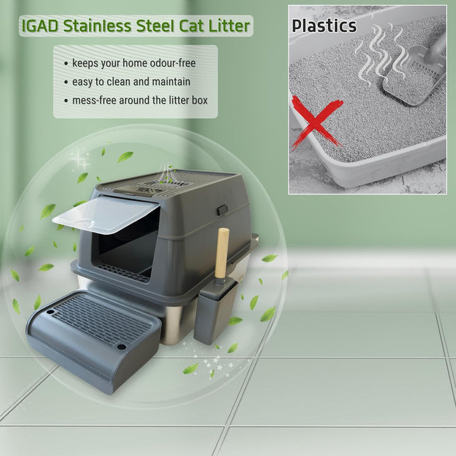 IGAD XXL Stainless Steel Cat Litter Box – High Sides, Non-Stick, Easy Clean, Odour Control, Removable Lid & Scoop (Grey)