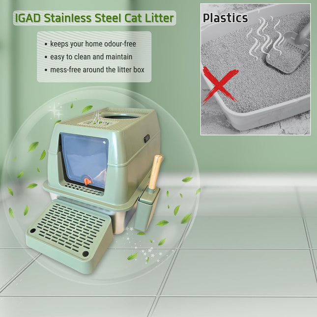 IGAD XXL Stainless Steel Cat Litter Box – High Sides, Non-Stick, Easy Clean, Odour Control, Removable Lid & Scoop (Green Double Entry)