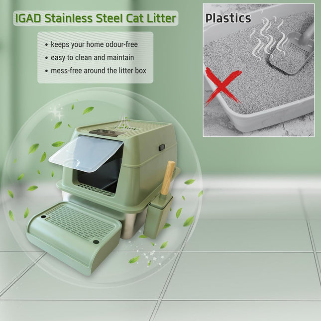 IGAD XXL Stainless Steel Cat Litter Box – High Sides, Non-Stick, Easy Clean, Odour Control, Removable Lid & Scoop (Green)
