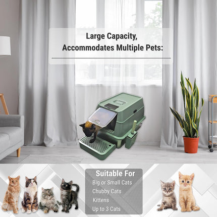 IGAD XXL Stainless Steel Cat Litter Box – High Sides, Non-Stick, Easy Clean, Odour Control, Removable Lid & Scoop (Green)