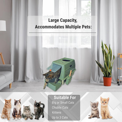 IGAD XXL Stainless Steel Cat Litter Box – High Sides, Non-Stick, Easy Clean, Odour Control, Removable Lid & Scoop (Green Double Entry)