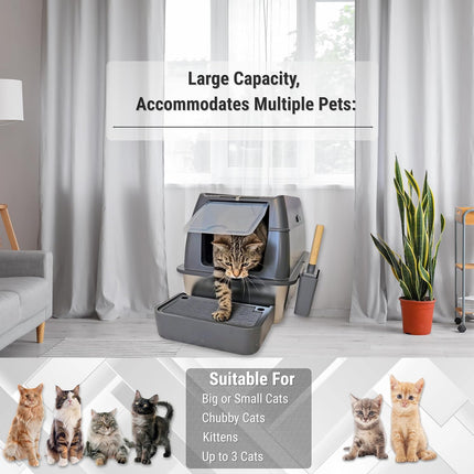 IGAD XXL Stainless Steel Cat Litter Box – High Sides, Non-Stick, Easy Clean, Odour Control, Removable Lid & Scoop (Grey Double Entry)