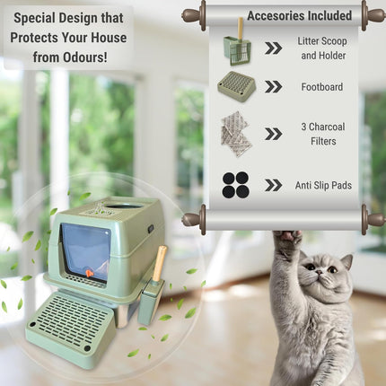 IGAD XXL Stainless Steel Cat Litter Box – High Sides, Non-Stick, Easy Clean, Odour Control, Removable Lid & Scoop (Green Double Entry)