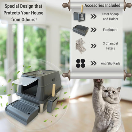 IGAD XXL Stainless Steel Cat Litter Box – High Sides, Non-Stick, Easy Clean, Odour Control, Removable Lid & Scoop (Grey)