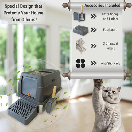 IGAD XXL Stainless Steel Cat Litter Box – High Sides, Non-Stick, Easy Clean, Odour Control, Removable Lid & Scoop (Grey Double Entry)