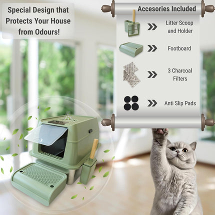 IGAD XXL Stainless Steel Cat Litter Box – High Sides, Non-Stick, Easy Clean, Odour Control, Removable Lid & Scoop (Green)