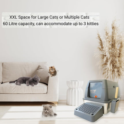 IGAD XXL Stainless Steel Cat Litter Box – High Sides, Non-Stick, Easy Clean, Odour Control, Removable Lid & Scoop (Grey)