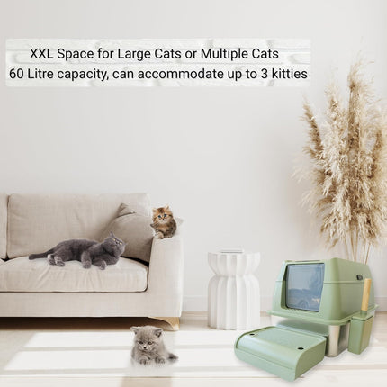 IGAD XXL Stainless Steel Cat Litter Box – High Sides, Non-Stick, Easy Clean, Odour Control, Removable Lid & Scoop (Green Double Entry)