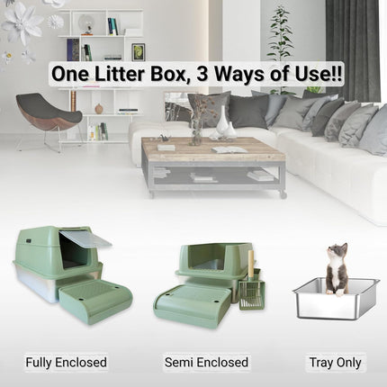 IGAD XXL Stainless Steel Cat Litter Box – High Sides, Non-Stick, Easy Clean, Odour Control, Removable Lid & Scoop (Green Double Entry)