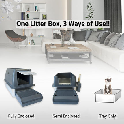 IGAD XXL Stainless Steel Cat Litter Box – High Sides, Non-Stick, Easy Clean, Odour Control, Removable Lid & Scoop (Grey Double Entry)