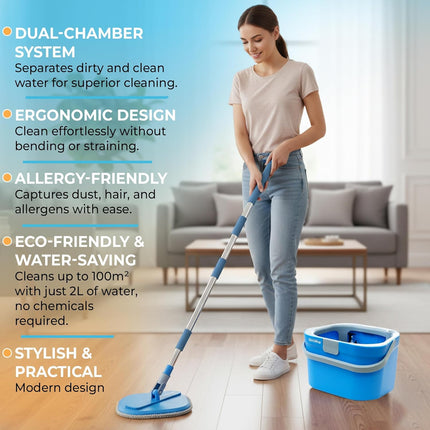 IGADMop Professional Set with Bucket, 2 Chamber System for Separating Dirty and Clean Water, 130 cm Telescopic Handle, 2 Microfibre Mop Pads, Floor Mop for All Surfaces with Efficient Wringing Function