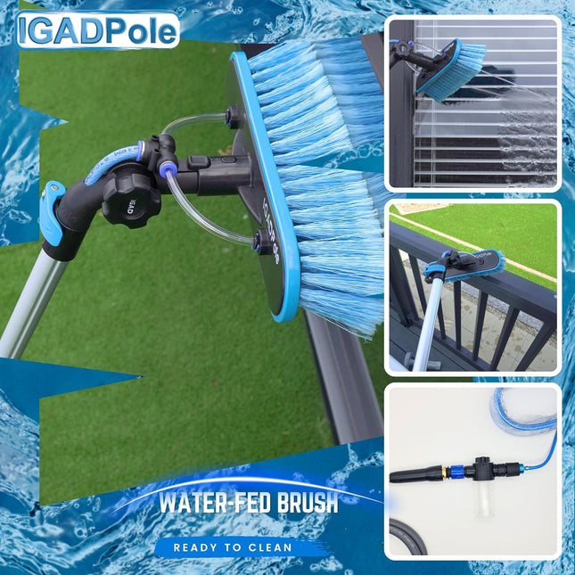 IGAD Pole 8.6m (28ft) Washing Kit: Water-fed Brush, Cobweb Duster and 10”(25cm) Squeegee and Soap Dispenser, with 6-stage Telescoping and & 1ft Curved Extension