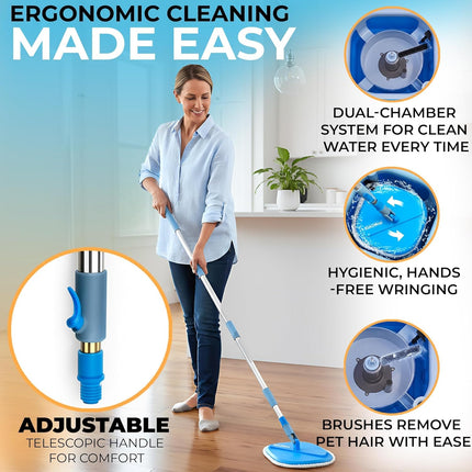 IGADMop Professional Set with Bucket, 2 Chamber System for Separating Dirty and Clean Water, 130 cm Telescopic Handle, 2 Microfibre Mop Pads, Floor Mop for All Surfaces with Efficient Wringing Function