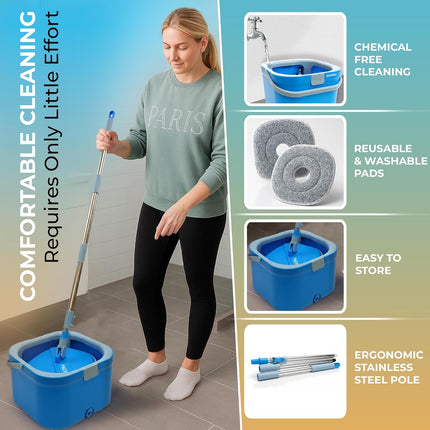 IGADMop Professional Set with Bucket, 2 Chamber System for Separating Dirty and Clean Water, 130 cm Telescopic Handle, 2 Microfibre Mop Pads, Floor Mop for All Surfaces with Efficient Wringing Function