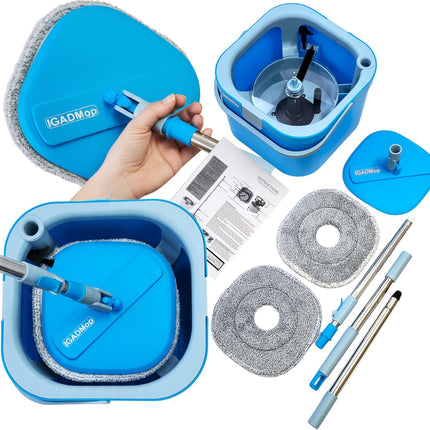 IGADMop Professional Set with Bucket, 2 Chamber System for Separating Dirty and Clean Water, 130 cm Telescopic Handle, 2 Microfibre Mop Pads, Floor Mop for All Surfaces with Efficient Wringing Function