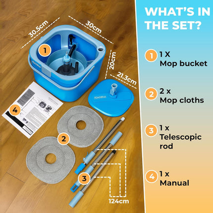 IGADMop Professional Set with Bucket, 2 Chamber System for Separating Dirty and Clean Water, 130 cm Telescopic Handle, 2 Microfibre Mop Pads, Floor Mop for All Surfaces with Efficient Wringing Function