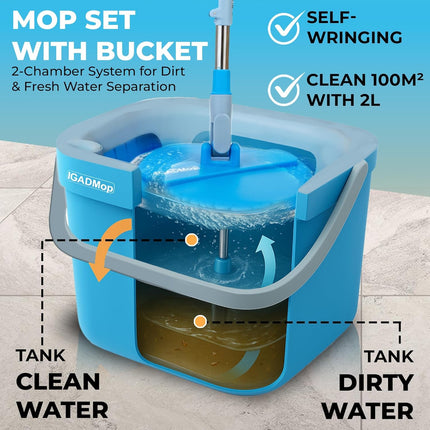 IGADMop Professional Set with Bucket, 2 Chamber System for Separating Dirty and Clean Water, 130 cm Telescopic Handle, 2 Microfibre Mop Pads, Floor Mop for All Surfaces with Efficient Wringing Function