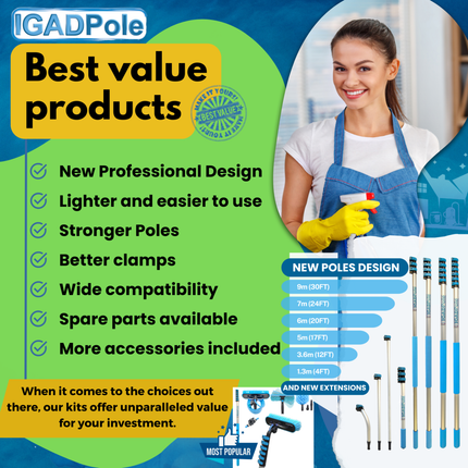 IGADPole 20ft(6m) Extension Pole Kit with Water-fed Brush and Hose, with 5-Stage Telescoping Pole 5-20ft Pole