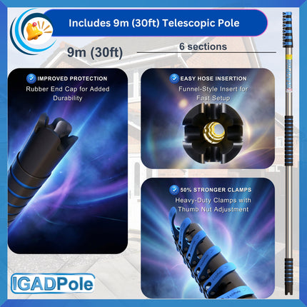 IGADPole 9m (30ft) Washing Kit: Water-fed Brush, Cobweb Duster and 10” Squeegee and Soap Dispenser, with 6-Stage Telescoping Pole 6-30ft (9m) Pole