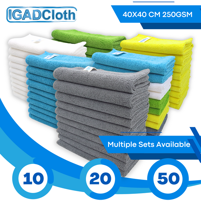 IGADCloth Grey Microfiber Sets, Cleaning Cloths 40x40cm 250gsm + 1 Free Glass Cloth