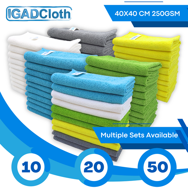 IGADCloth Multicolour Microfiber Sets, Cleaning Cloths 40x40cm 250gsm + 1 Free Glass Cloth