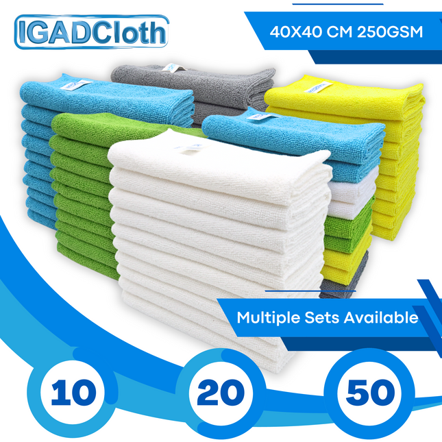 IGADCloth White Microfiber Sets, Cleaning Cloths 40x40cm 250gsm + 1 Free Glass Cloth