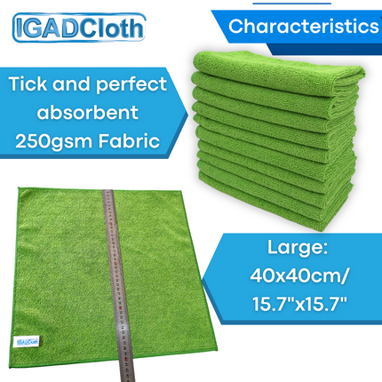 IGADCloth Green Microfiber Sets, Cleaning Cloths 40x40cm 250gsm + 1 Free Glass Cloth